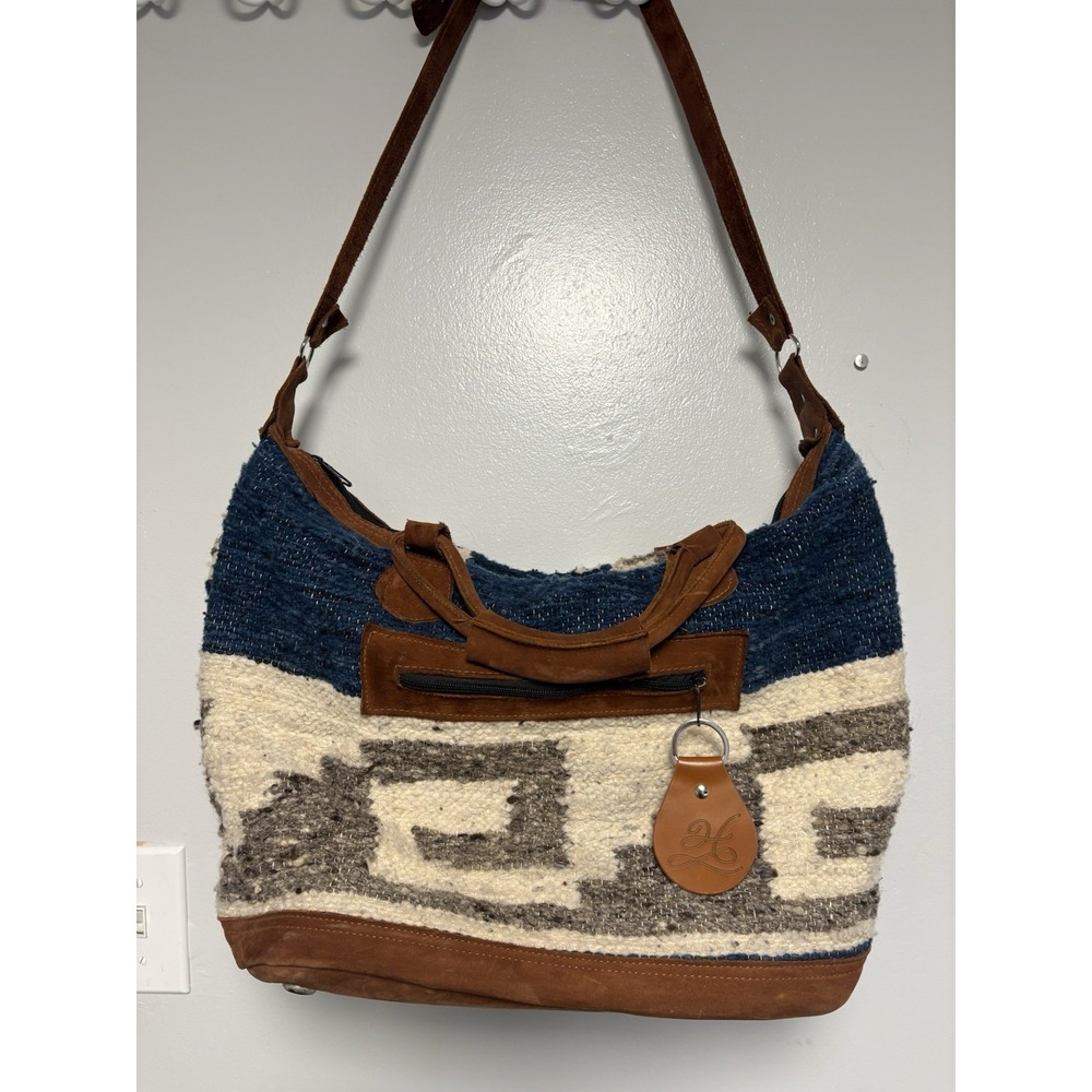 Humble Hilo Leather Wool Boho Satchel Crossbody Bag Cream Blue Gray‎ Purse